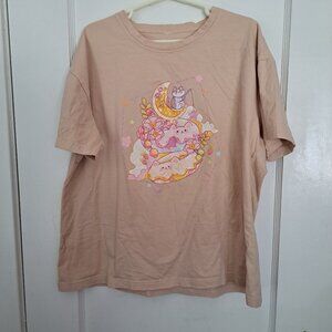 Kawaii Graphic T-Shirt Cat Donut Astronomy Cute Casual Cream Pink Dreamy XL EUC